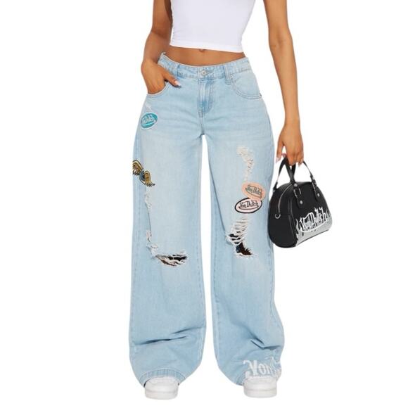 Von Dutch Patchwork Wide Leg Jeans NWOT Y2K Distressed Light Wash Size 7 - Picture 16 of 16
